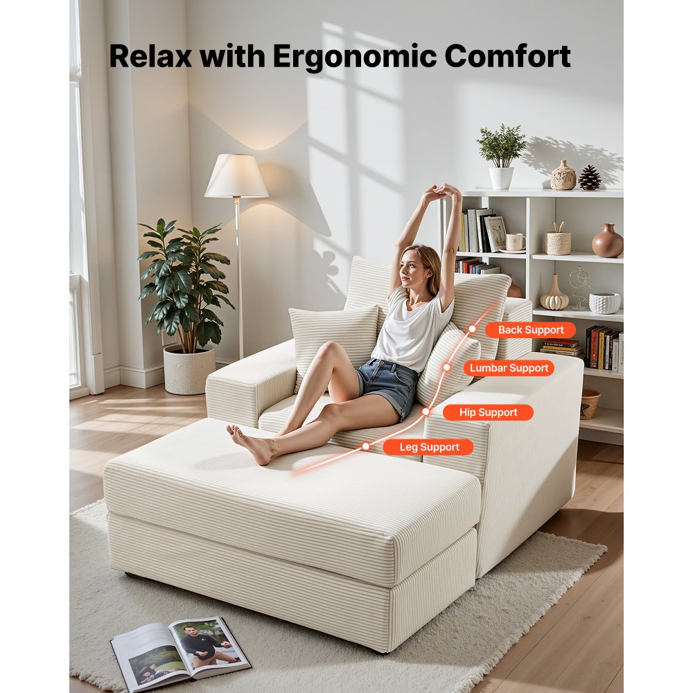 VEVOR Chaise Longue, Poltrona Modulare Senza Osso da 1115 mm per Interni, Sedia da Lettura Oversize in Velluto a Coste con Cuscini e Braccioli, Divano con Seduta Profonda per Soggiorno, Beige