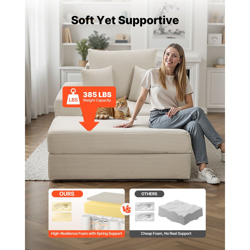 VEVOR Chaise Longue, Poltrona Modulare Senza Osso da 1115 mm per Interni, Sedia da Lettura Oversize in Velluto a Coste con Cuscini e Braccioli, Divano con Seduta Profonda per Soggiorno, Beige