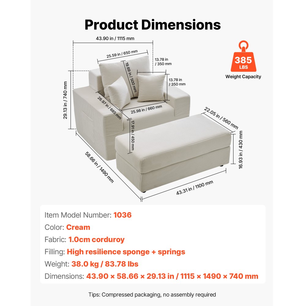 VEVOR Chaise Longue, Poltrona Modulare Senza Osso da 1115 mm per Interni, Sedia da Lettura Oversize in Velluto a Coste con Cuscini e Braccioli, Divano con Seduta Profonda per Soggiorno, Beige