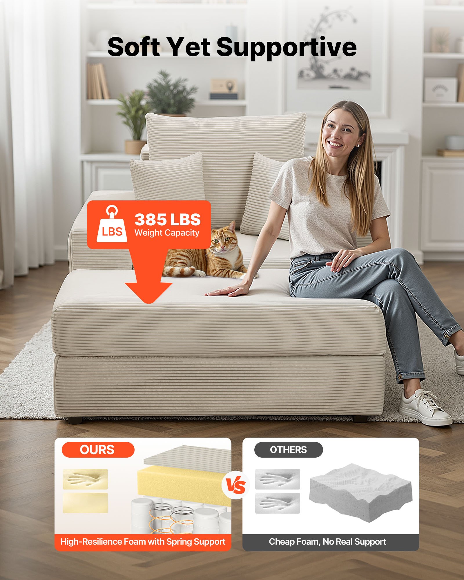 VEVOR Chaise Longue, Poltrona Modulare Senza Osso da 1115 mm per Interni, Sedia da Lettura Oversize in Velluto a Coste con Cuscini e Braccioli, Divano con Seduta Profonda per Soggiorno, Beige