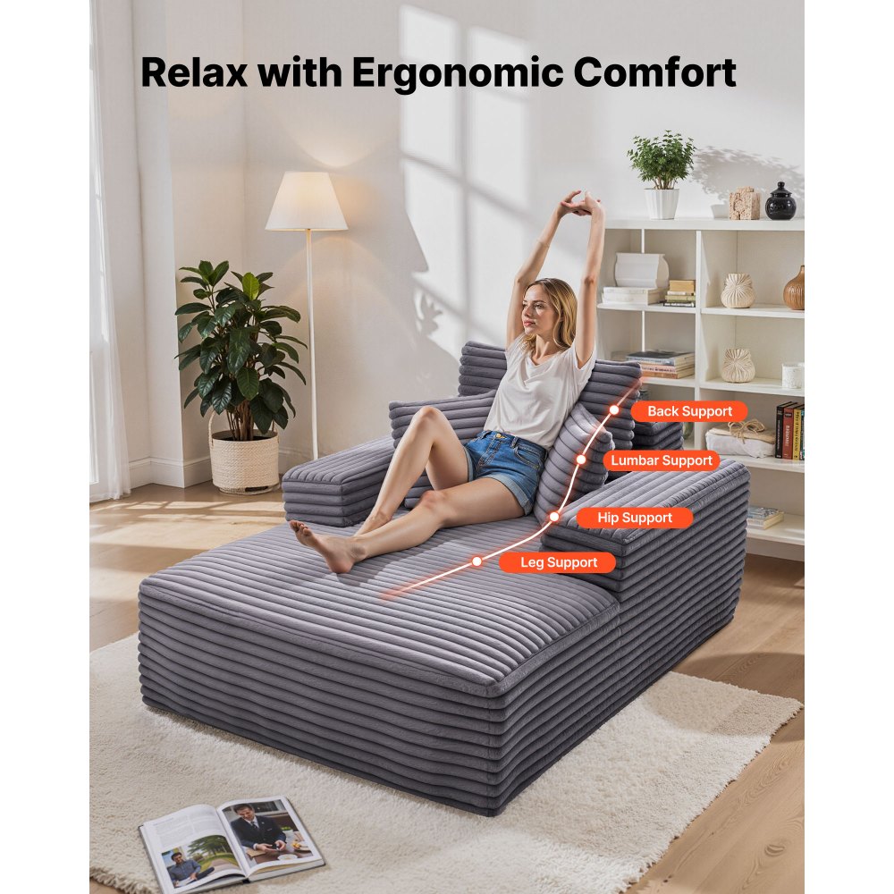 VEVOR Poltrona Chaise Longue, 1380 mm, Senza Osso, Poltrona da Lettura Imbottita Oversize con Cuscini e Braccioli per Interni, Divano con Seduta Profonda per Soggiorno, Camera da Letto, Grigio