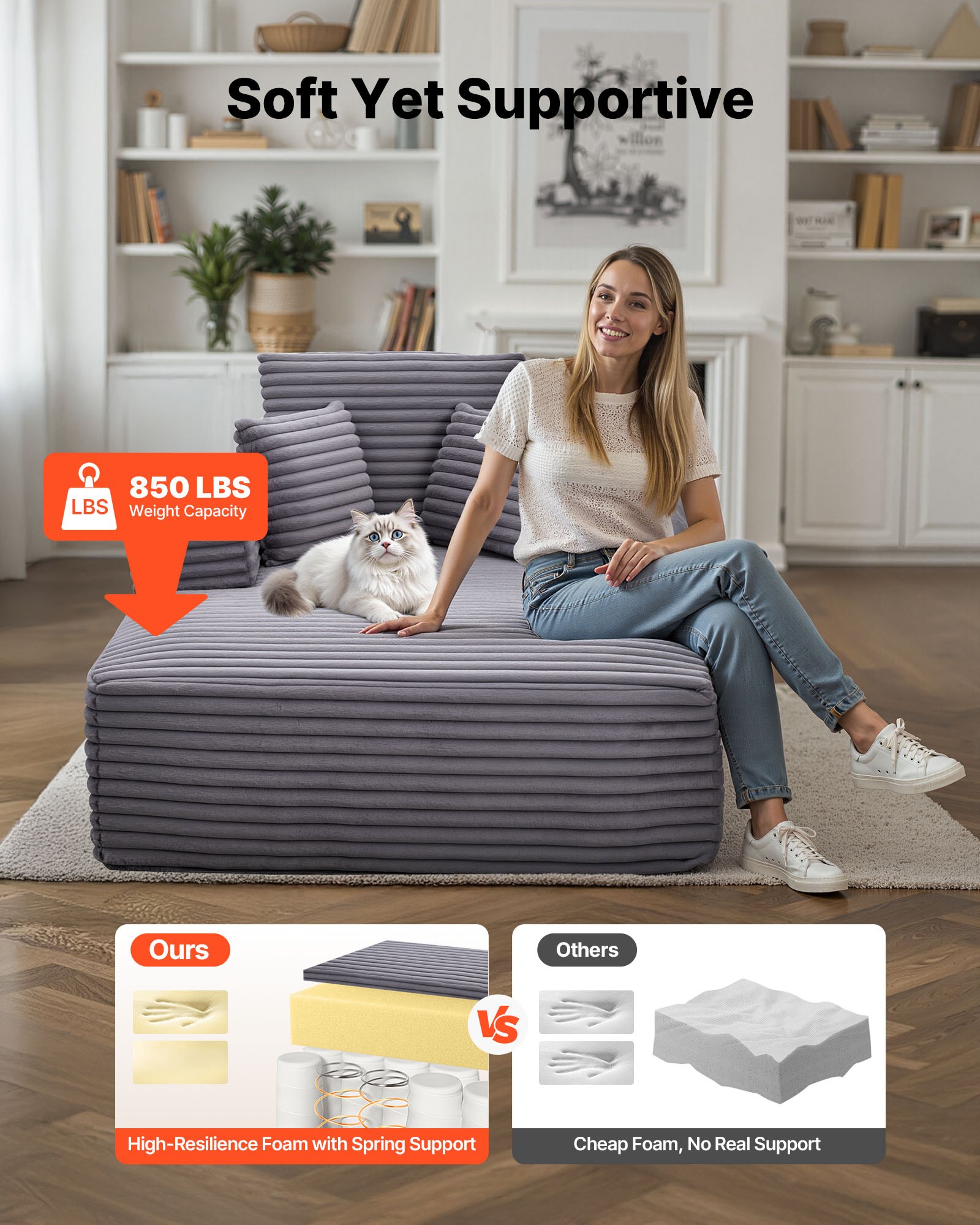 VEVOR Poltrona Chaise Longue, 1380 mm, Senza Osso, Poltrona da Lettura Imbottita Oversize con Cuscini e Braccioli per Interni, Divano con Seduta Profonda per Soggiorno, Camera da Letto, Grigio