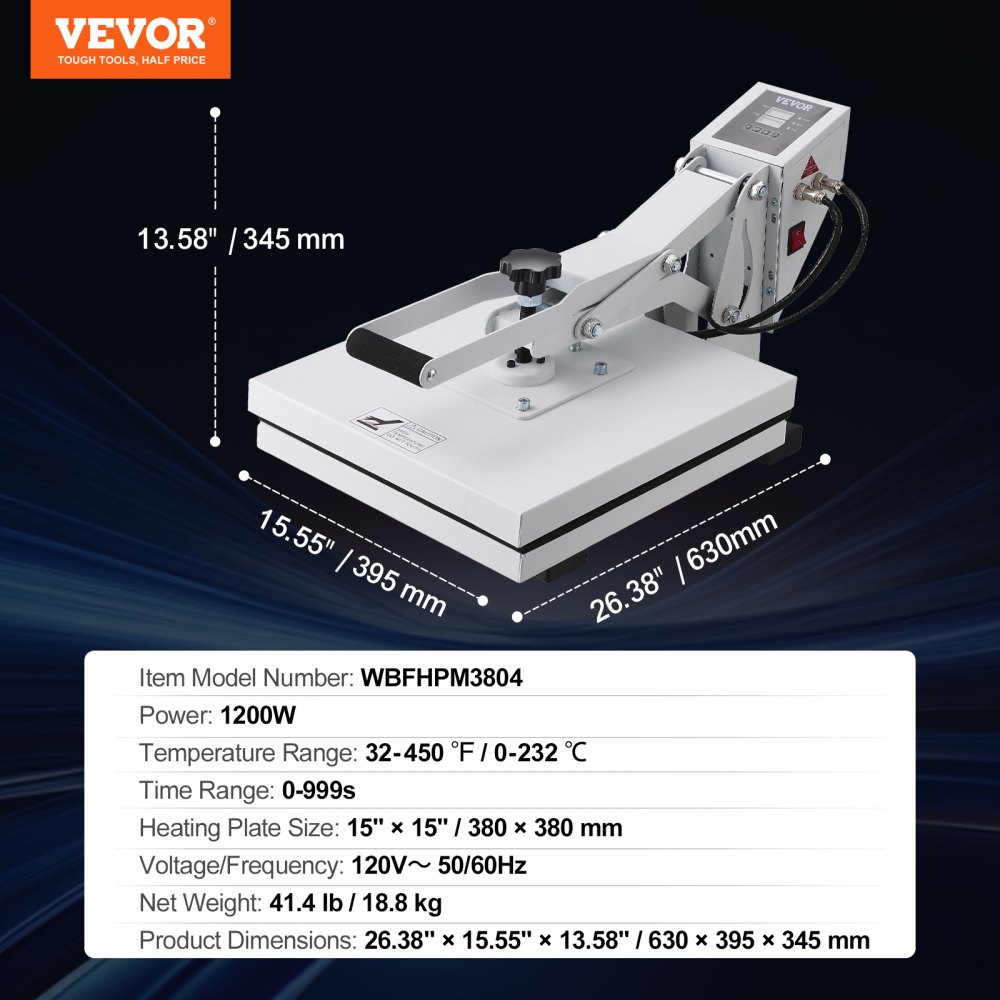 VEVOR Pressa di Calore 380 x 380 mm Pressa di Calore ad Alta Pressione per Magliette, Riscaldamento Rapido, Stampante Digitale a Sublimazione Industriale per Vinile a Trasferimento di Calore, Bianco