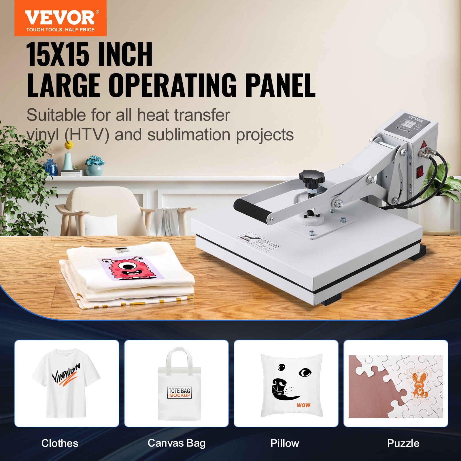 VEVOR Pressa di Calore 380 x 380 mm Pressa di Calore ad Alta Pressione per Magliette, Riscaldamento Rapido, Stampante Digitale a Sublimazione Industriale per Vinile a Trasferimento di Calore, Bianco