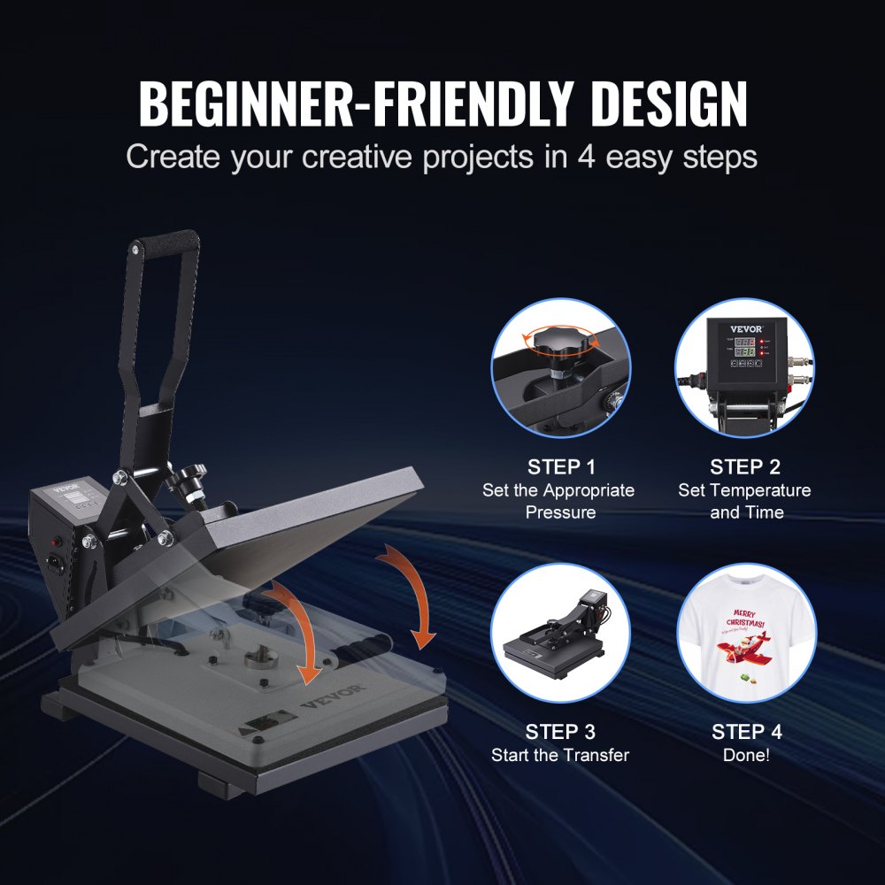 VEVOR Pressa a Caldo 38 x 38 cm per Trasferimento Termico per Magliette, per Vinile, Riscaldamento Rapido e Uniforme, Alta Pressione per Stampante a Sublimazione Digitale Qualità Industriale, Nera