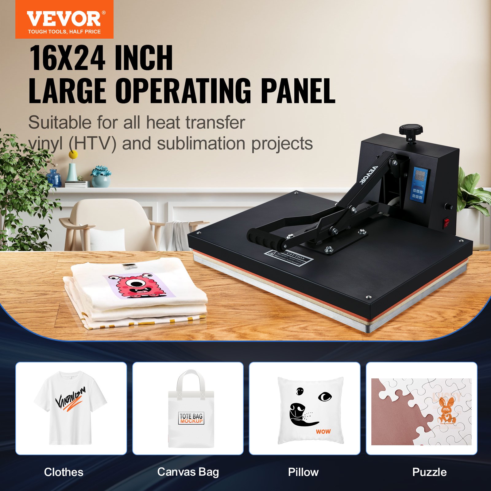 VEVOR Pressa di Calore, Pressa di Calore Potenza, Riscaldamento Pressa di Calore per Magliette, Stampante Digitale Sublimazione Industriale per Vinile Trasferimento Termico, Nero,400 x 600 mm, 1700W
