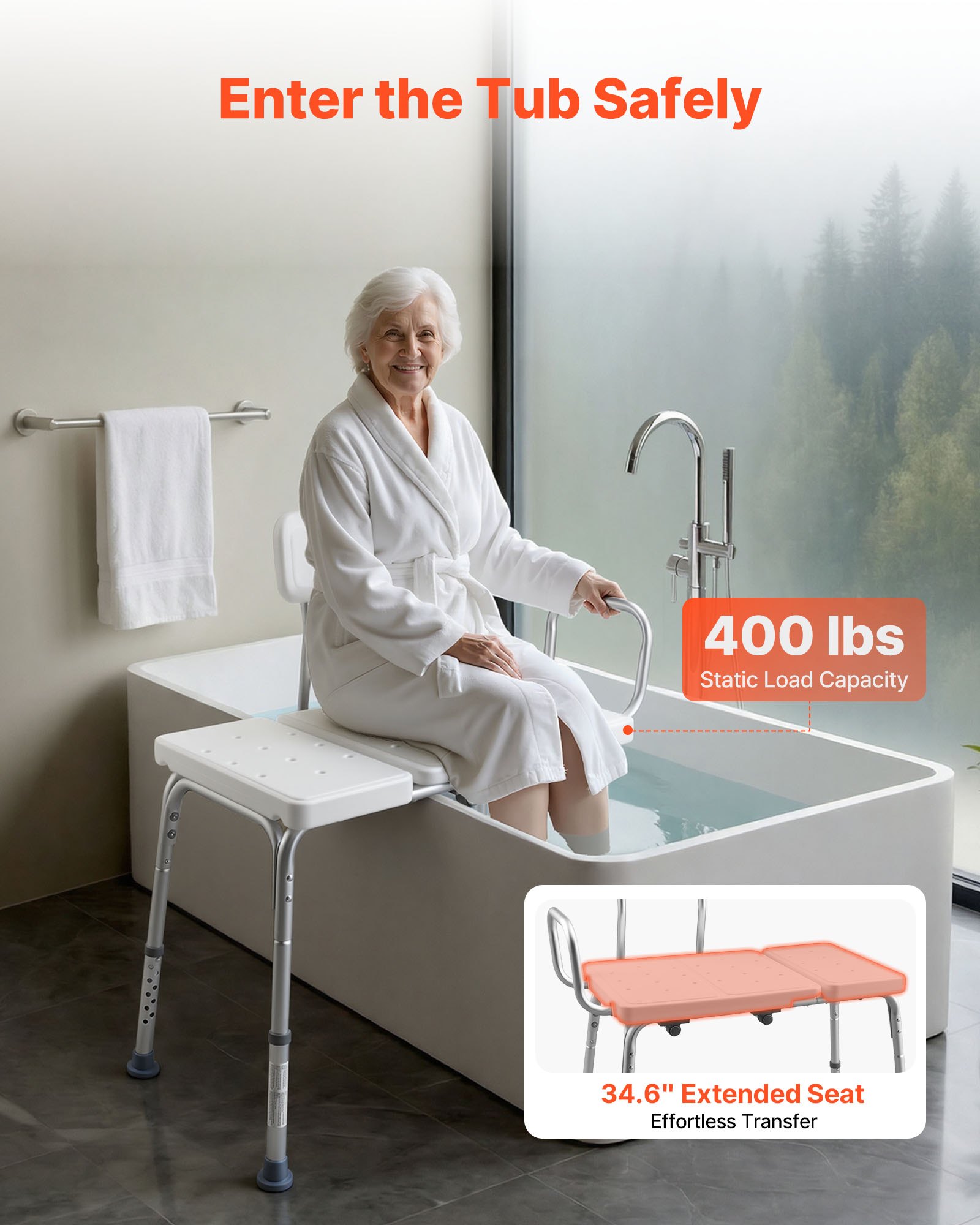 VEVOR Panca da Vasca da Bagno Carico max 180 kg, Sedia per Trasferimento Vasca da Bagno con Braccioli Schienale, Sedile da Doccia Altezza Regolabile per Anziani Pazienti Mobilità Ausiliare Box Doccia