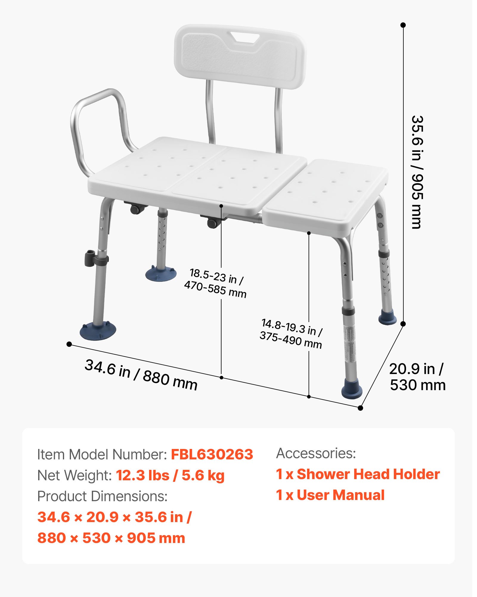 VEVOR Panca da Vasca da Bagno Carico max 180 kg, Sedia per Trasferimento Vasca da Bagno con Braccioli Schienale, Sedile da Doccia Altezza Regolabile per Anziani Pazienti Mobilità Ausiliare Box Doccia