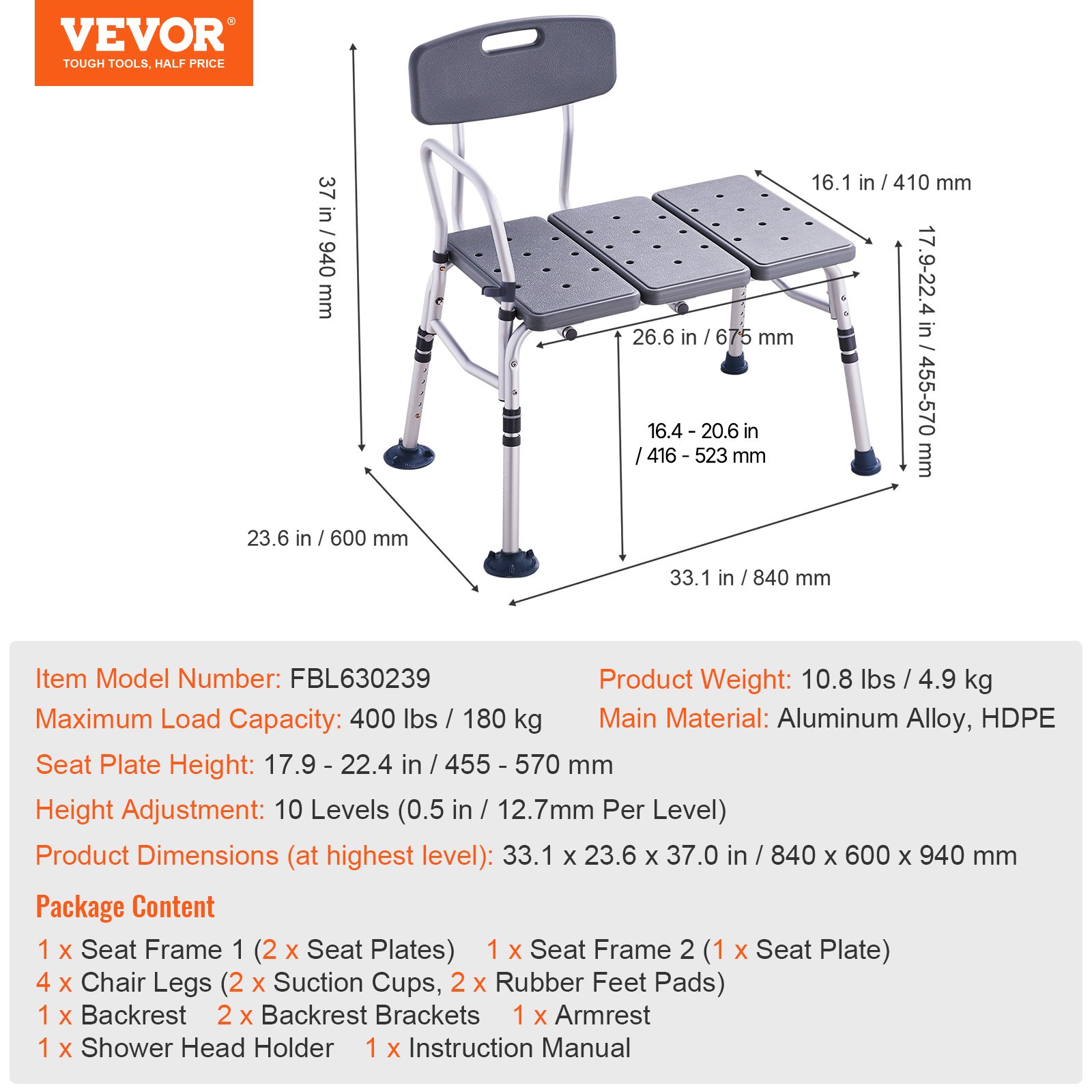 VEVOR Panca da Trasferimento per Vasca da Bagno 840 x 600 x 940 mm Sedili Doccia Regolabili per Adulti, Anziani, Disabili, Sedili da Bagno Antiscivolo, Braccioli Schienale Reversibile, Capacità 180 kg