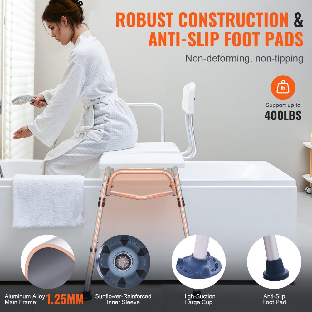 VEVOR Panca di Trasferimento per Vasca 920 x 610 x 925 mm Panca di Trasferimento per Vasca Regolabile con Protezione per Tende a Forma di U, Schienale Reversibile, per Anziani Disabili, Carico 180 kg