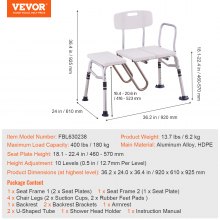 VEVOR Panca di Trasferimento per Vasca 920 x 610 x 925 mm Panca di Trasferimento per Vasca Regolabile con Protezione per Tende a Forma di U, Schienale Reversibile, per Anziani Disabili, Carico 180 kg