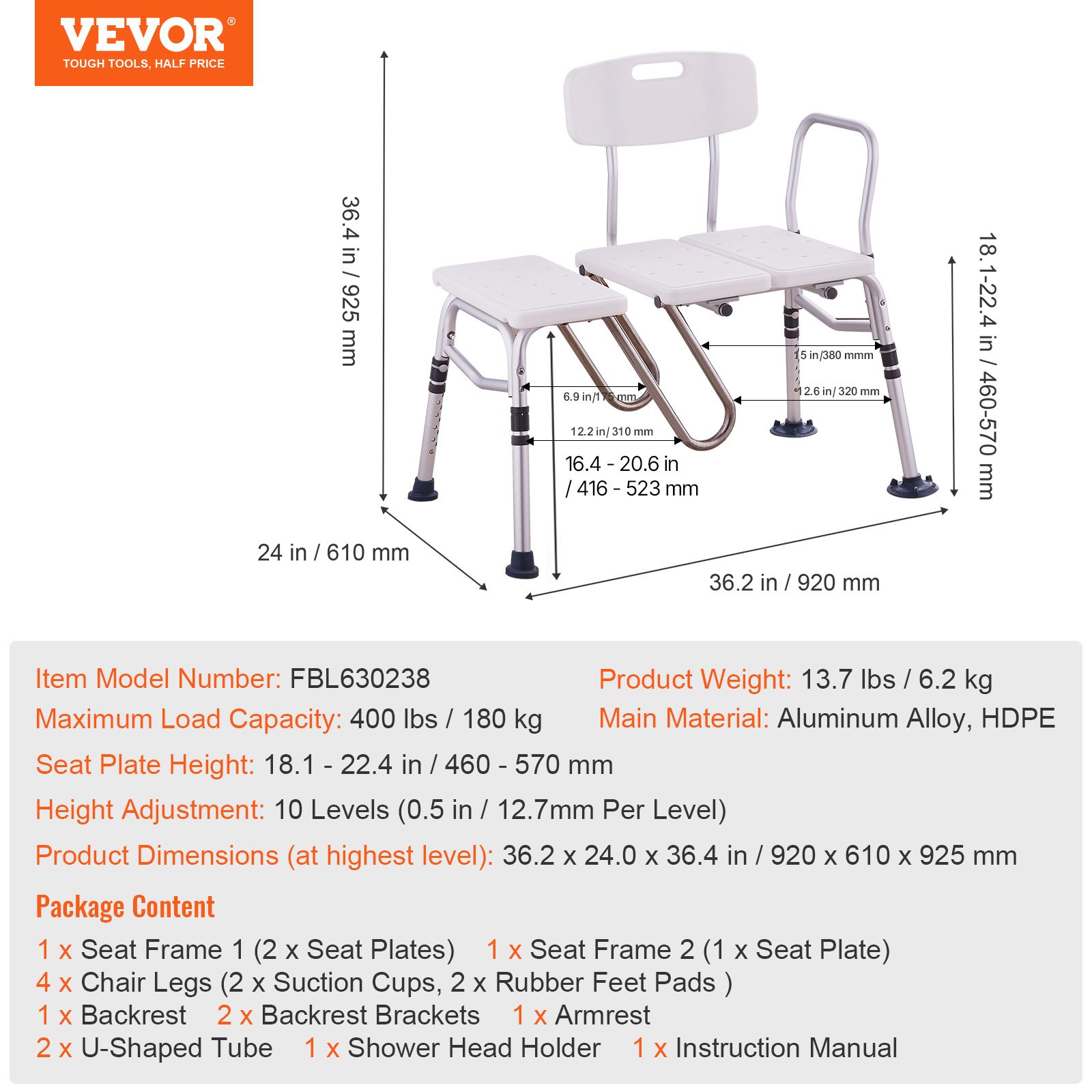 VEVOR Panca di Trasferimento per Vasca 920 x 610 x 925 mm Panca di Trasferimento per Vasca Regolabile con Protezione per Tende a Forma di U, Schienale Reversibile, per Anziani Disabili, Carico 180 kg