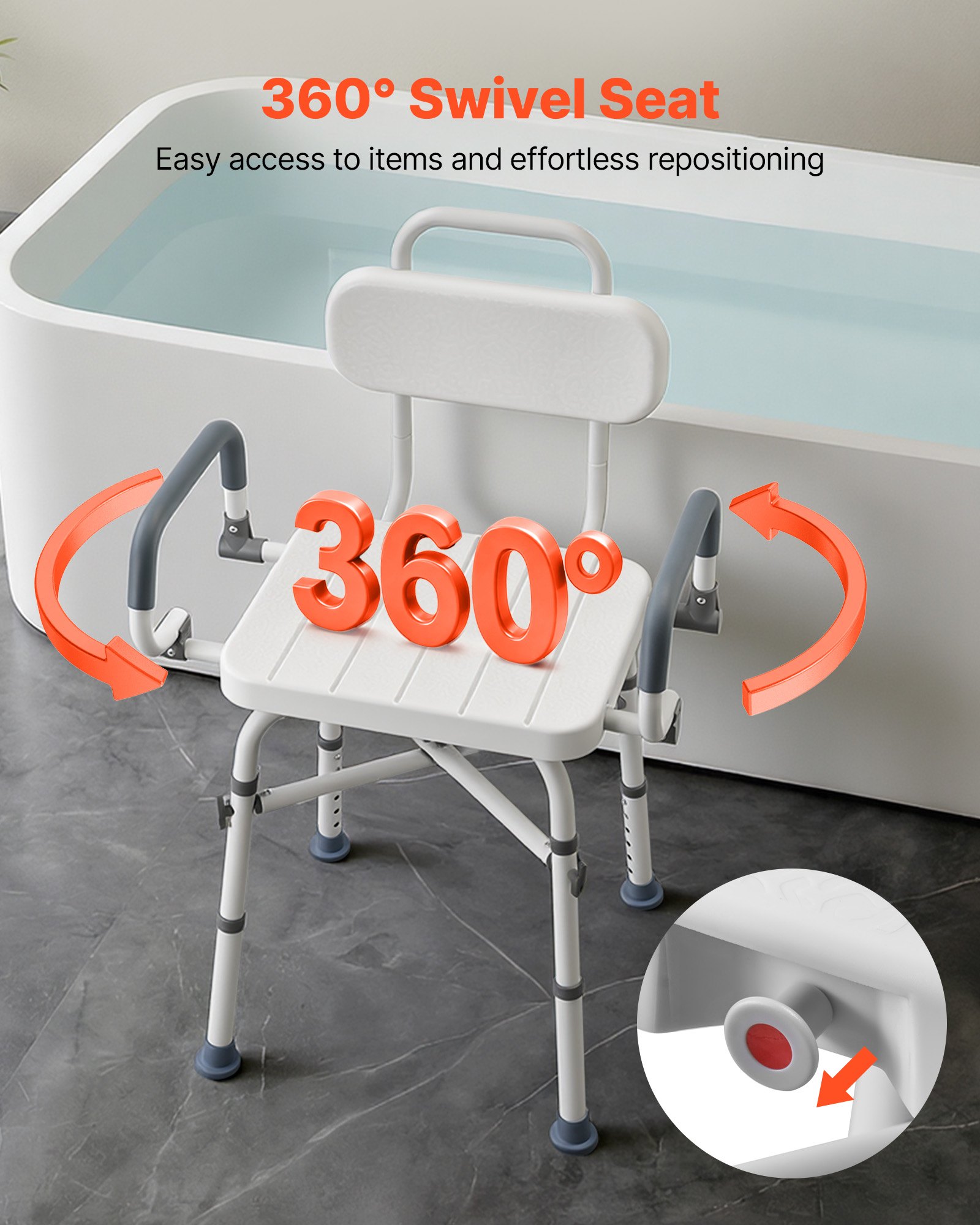 VEVOR Sedia da Doccia Girevole 360° con Braccioli Schienale, Sedia da Doccia per Anziani Pazienti Carico max 227 kg, Sedile Girevole per Vasca da Bagno Box Doccia Altezza Regolabile 415 a 540 mm