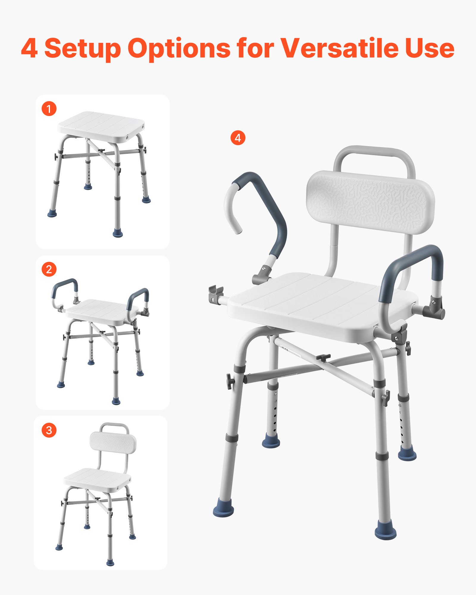 VEVOR Sedia da Doccia Girevole 360° con Braccioli Schienale, Sedia da Doccia per Anziani Pazienti Carico max 227 kg, Sedile Girevole per Vasca da Bagno Box Doccia Altezza Regolabile 415 a 540 mm