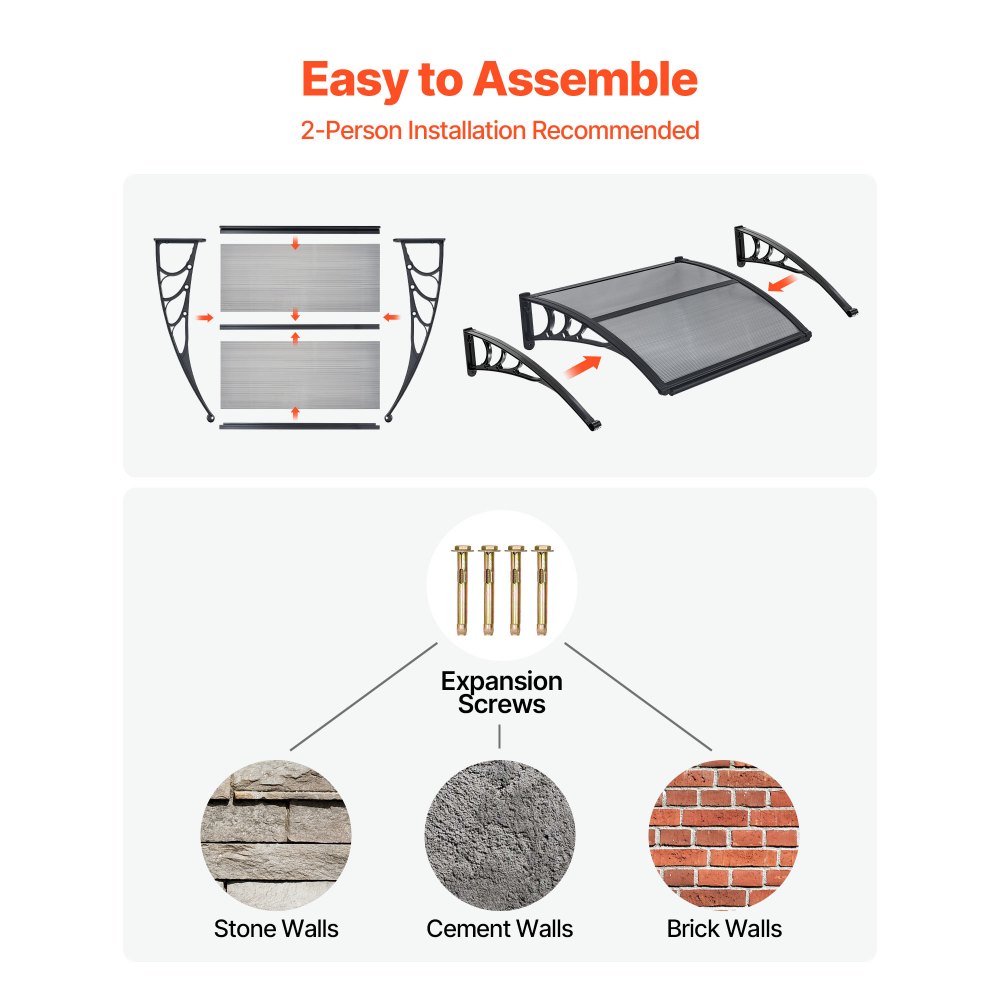VEVOR Tettoia Parasole per Ingresso Tettoia per Porte Finestre con Canale di Drenaggio Protezione da Pioggia Neve Sole, Dimensioni 755 x 1000 x 240 mm, Pensilina per Porta Balcone Cortile Giardino