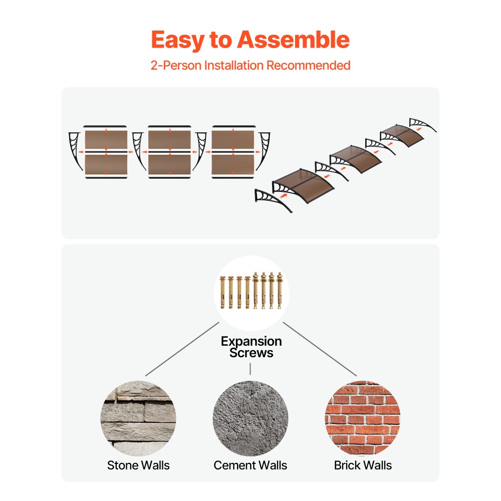 VEVOR Tettoia per Porta d'Ingresso 96,5 x 297,5 cm Pensilina per Giardino Cortile in Policarbonato per Finestre di Portici Balconi Protezione Pioggia Neve Sole con Canale di Drenaggio, Marrone