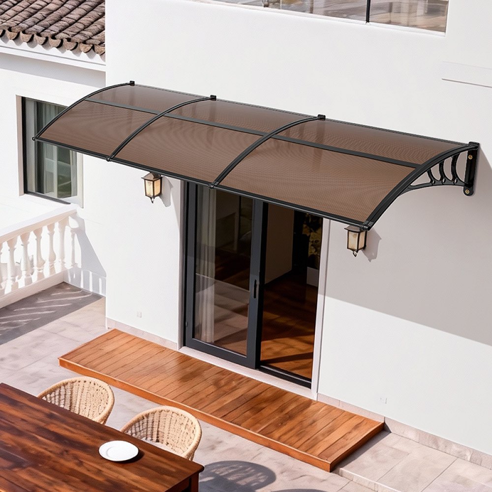 VEVOR Tettoia per Porta d'Ingresso 96,5 x 297,5 cm Pensilina per Giardino Cortile in Policarbonato per Finestre di Portici Balconi Protezione Pioggia Neve Sole con Canale di Drenaggio, Marrone
