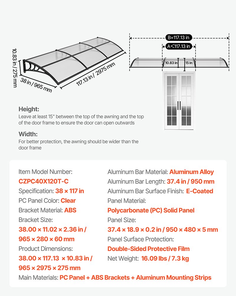VEVOR Tettoia da Sole Pensilina per Porta d'Ingresso da Balcone 96,5 x 297,5 cm, Tettoia da Sole da Esterno per Finestre di Portici Balconi Cortile Giardino Protezione da Pioggia Neve Trasparente