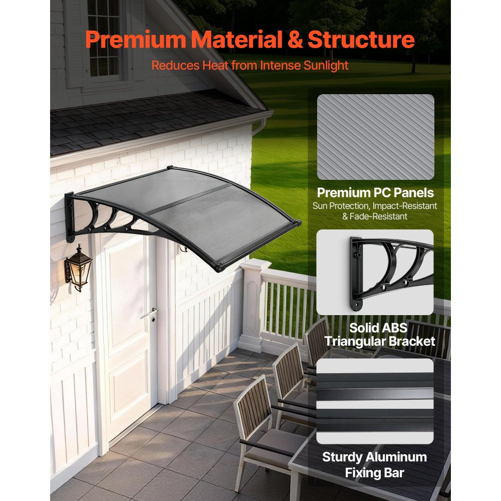 VEVOR Tettoia Parasole per Ingresso di Porte Cortile Balcone Finestre Giardino da Esterno, Pensilina con Canale di Drenaggio da Esterno Dimensioni Generali 965x1017x275 mm, Tettoia da Sole, Grigio