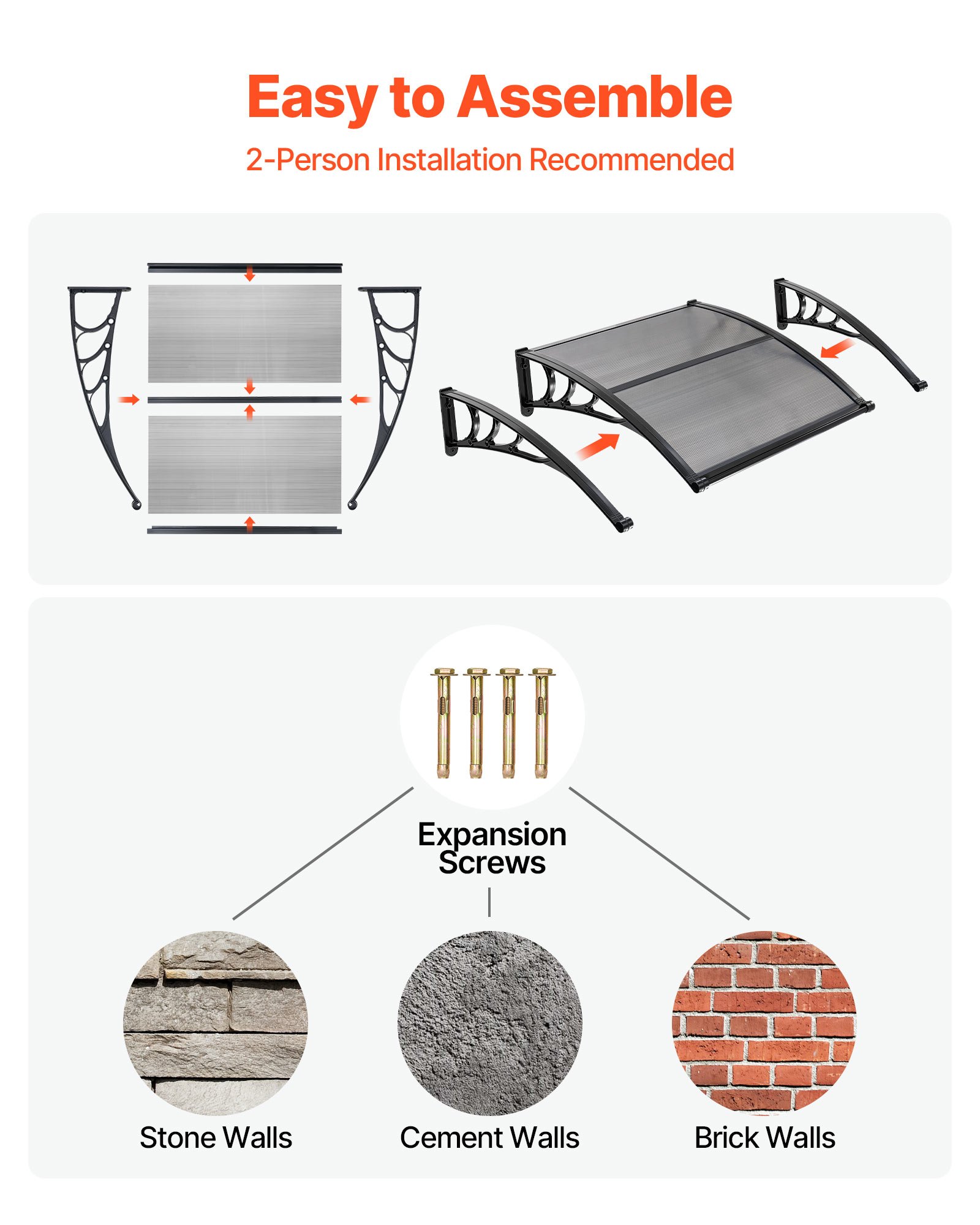 VEVOR Tettoia Parasole per Ingresso di Porte Cortile Balcone Finestre Giardino da Esterno, Pensilina con Canale di Drenaggio da Esterno Dimensioni Generali 965x1017x275 mm, Tettoia da Sole, Grigio