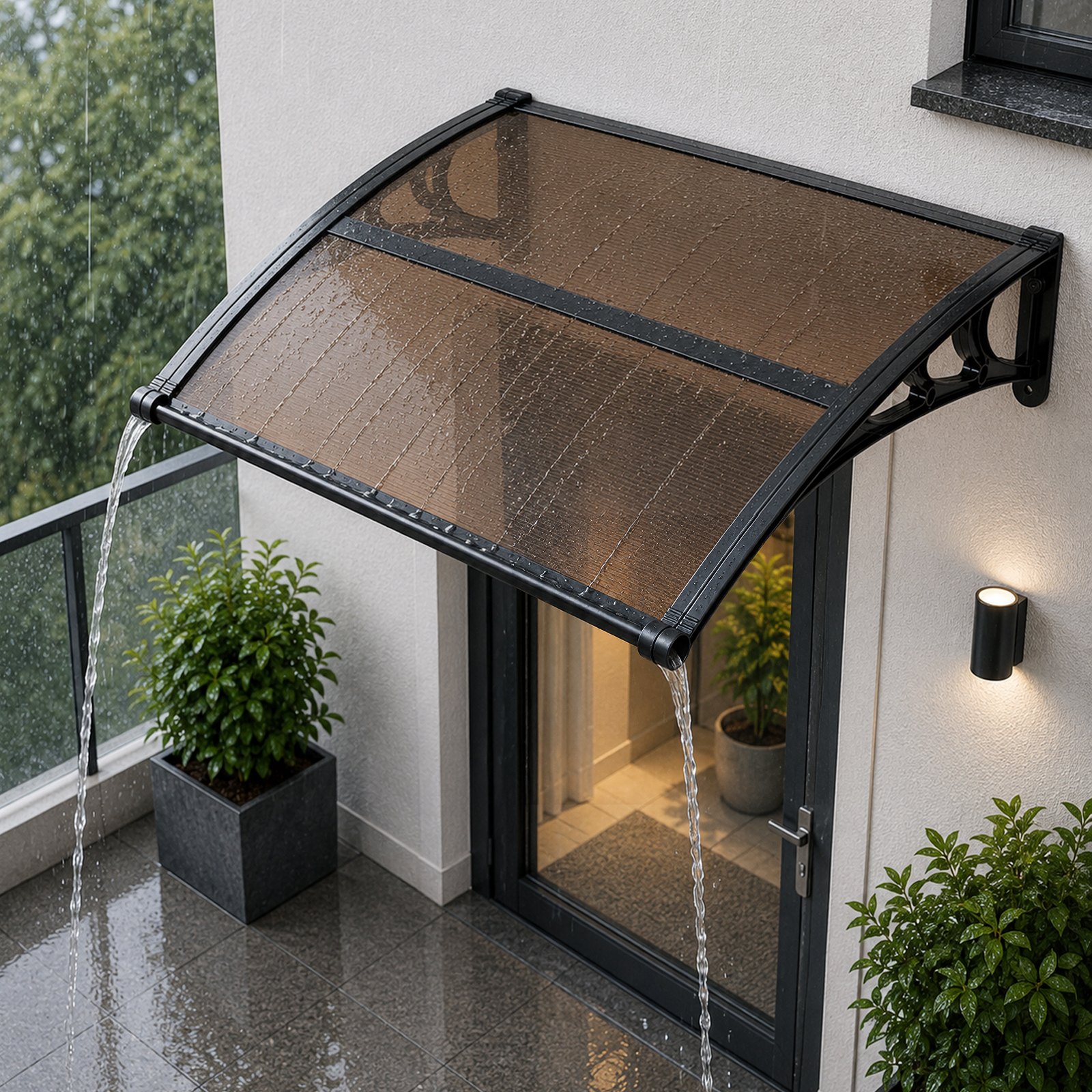 VEVOR Tettoia per Ingresso Porta 96,5 x 101,7 cm Pensilina per Portici Finestre Balcone Terrazza Giardino Cortile, Tettoia Protezione da Pioggia Neve Sole con Canale di Drenaggio Supporto ABS Marrone