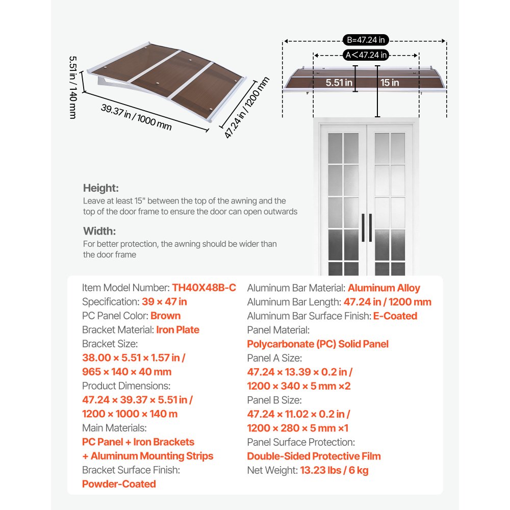 VEVOR Awnings for Door Entrance, 37 x 47 in, Exterior Front Door Window Awnings with Drainage & ABS Bracket, Rain Snow Sun Protection, Overhang Polycarbonate Door Canopy for Porch Patio, Brown