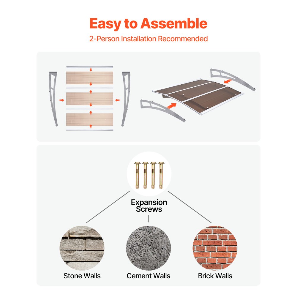 VEVOR Awnings for Door Entrance, 37 x 47 in, Exterior Front Door Window Awnings with Drainage & ABS Bracket, Rain Snow Sun Protection, Overhang Polycarbonate Door Canopy for Porch Patio, Brown