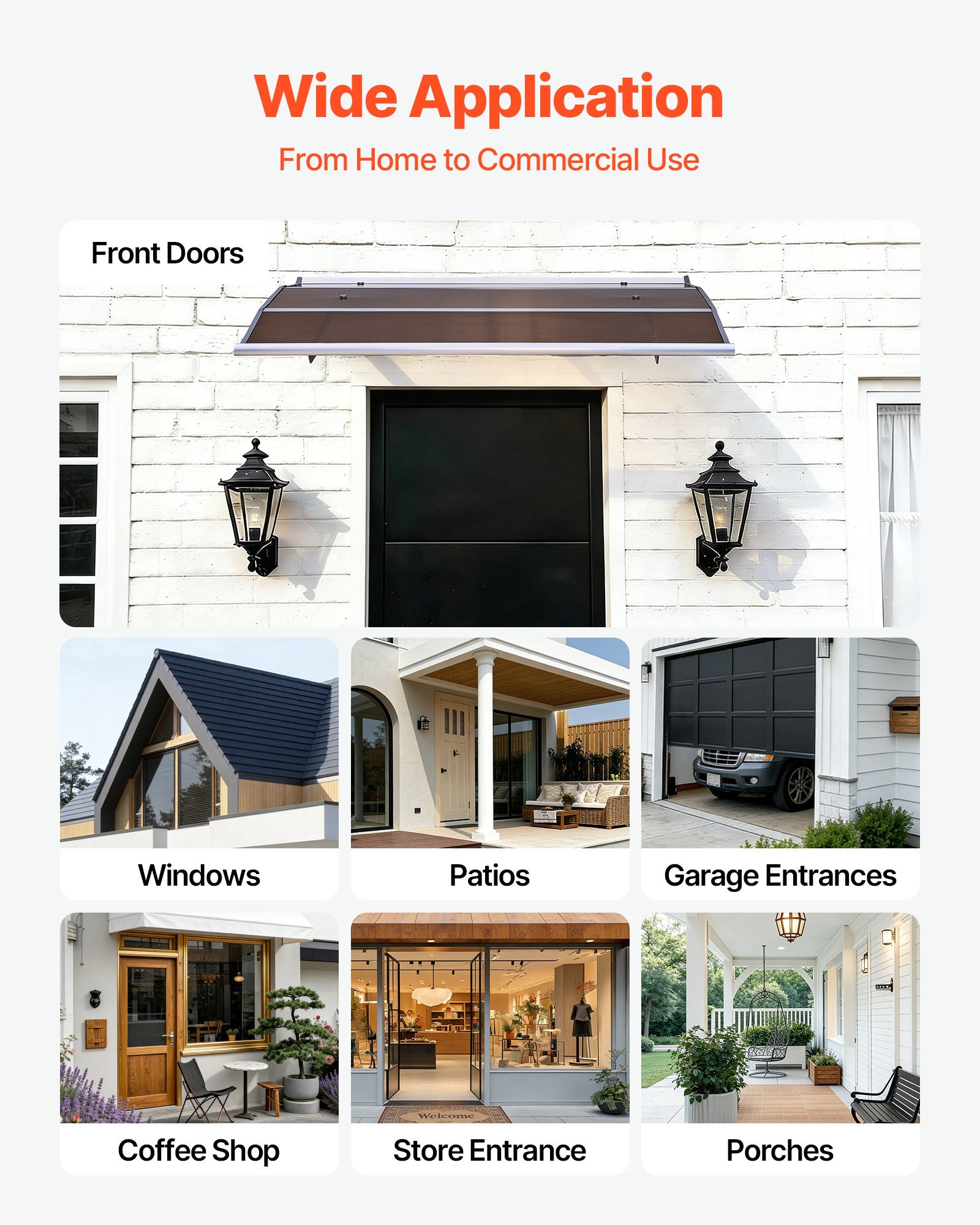 VEVOR Awnings for Door Entrance, 37 x 47 in, Exterior Front Door Window Awnings with Drainage & ABS Bracket, Rain Snow Sun Protection, Overhang Polycarbonate Door Canopy for Porch Patio, Brown