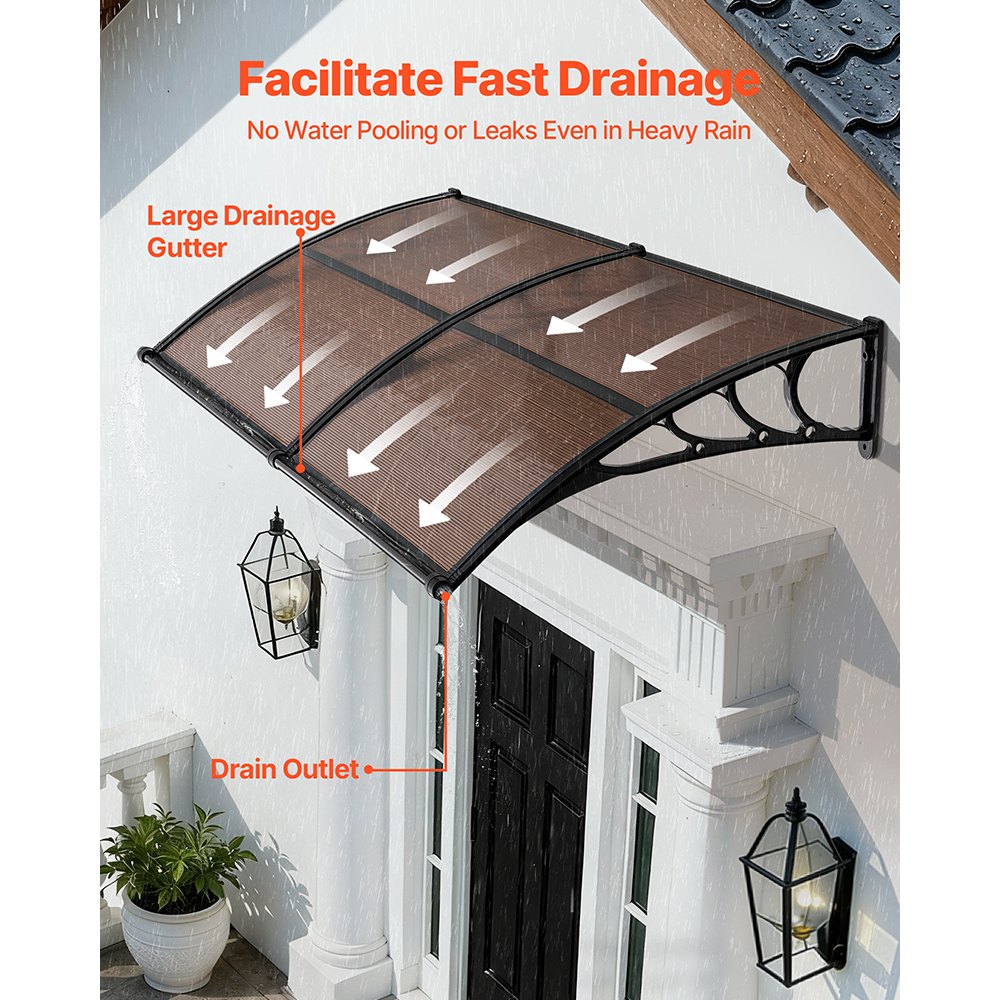 VEVOR Awnings for Door Entrance, 38 x 78 in, Exterior Front Door Window Awnings with Drainage & Metal Bracket, Rain Snow Sun Protection, Overhang Polycarbonate Door Canopy for Porch Patio, Brown