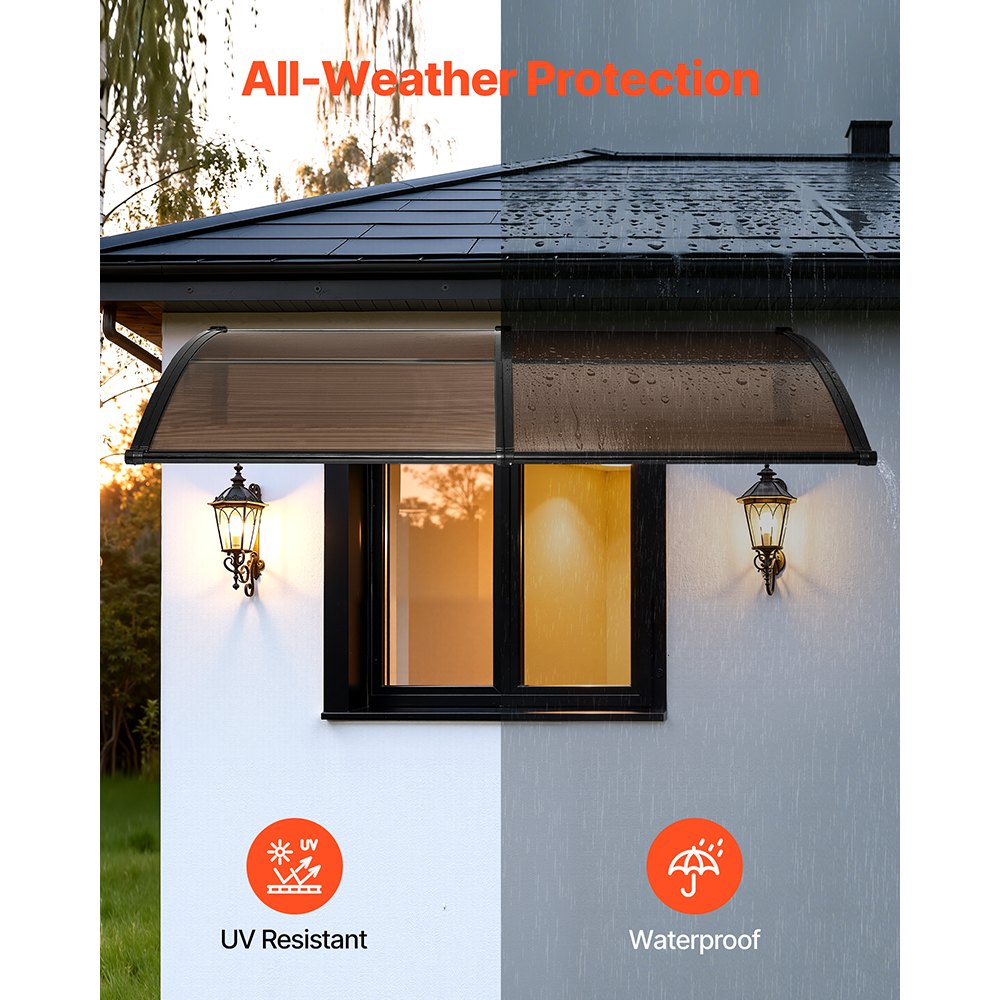 VEVOR Awnings for Door Entrance, 38 x 78 in, Exterior Front Door Window Awnings with Drainage & Metal Bracket, Rain Snow Sun Protection, Overhang Polycarbonate Door Canopy for Porch Patio, Brown