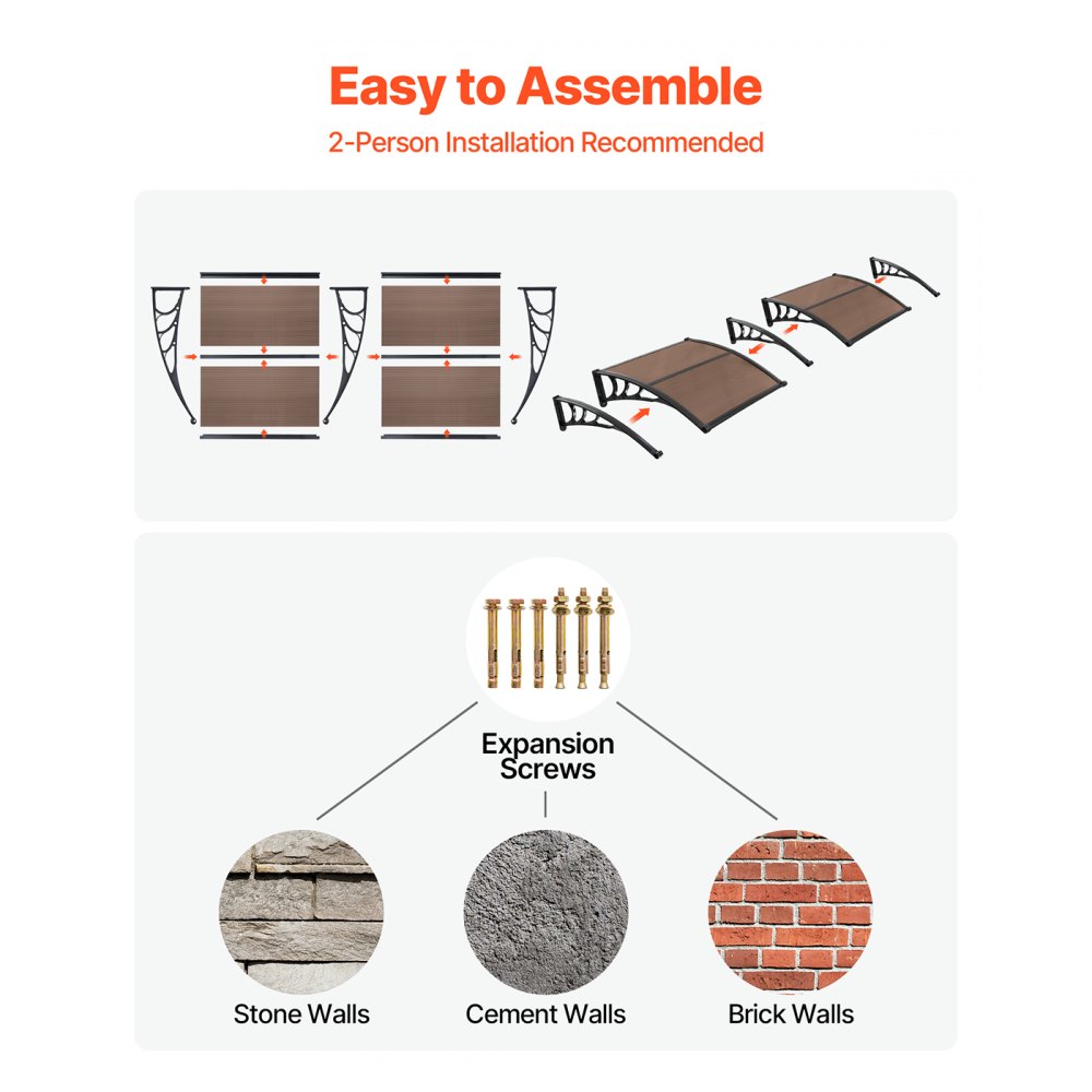 VEVOR Awnings for Door Entrance, 38 x 78 in, Exterior Front Door Window Awnings with Drainage & Metal Bracket, Rain Snow Sun Protection, Overhang Polycarbonate Door Canopy for Porch Patio, Brown