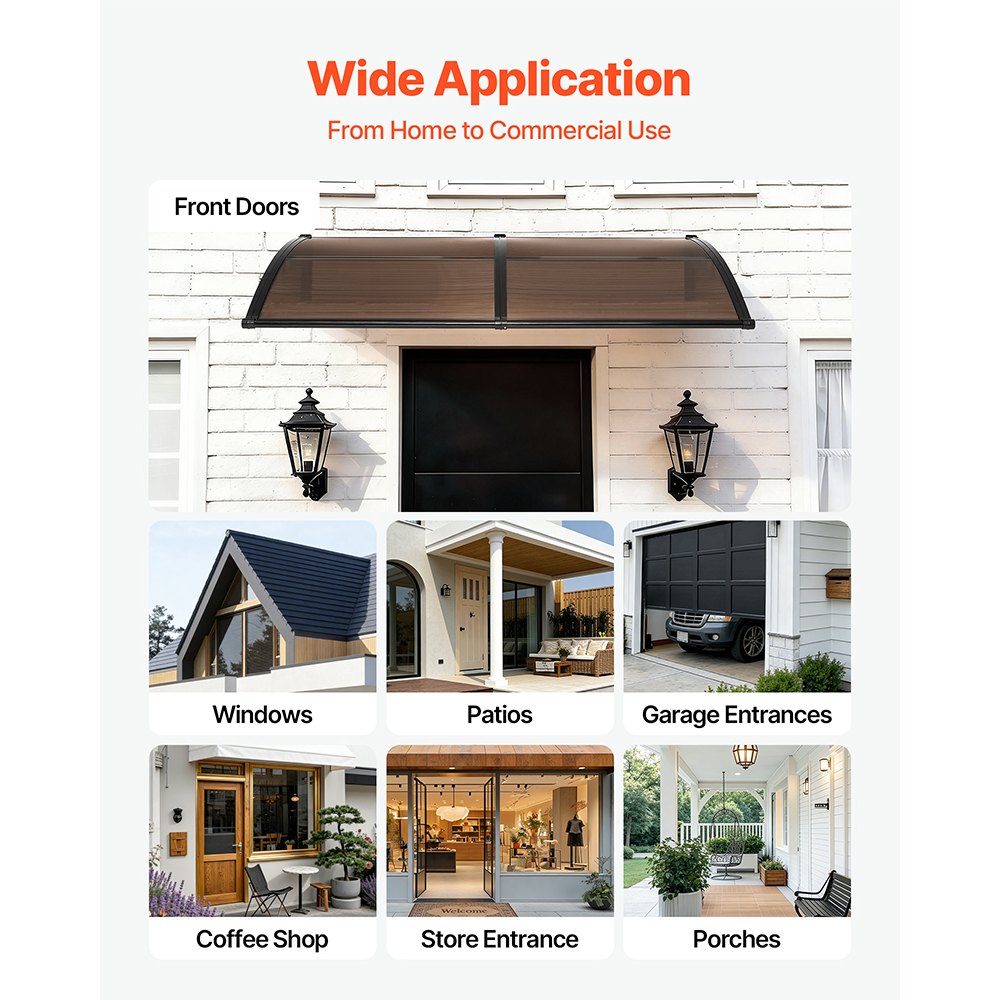 VEVOR Awnings for Door Entrance, 38 x 78 in, Exterior Front Door Window Awnings with Drainage & Metal Bracket, Rain Snow Sun Protection, Overhang Polycarbonate Door Canopy for Porch Patio, Brown