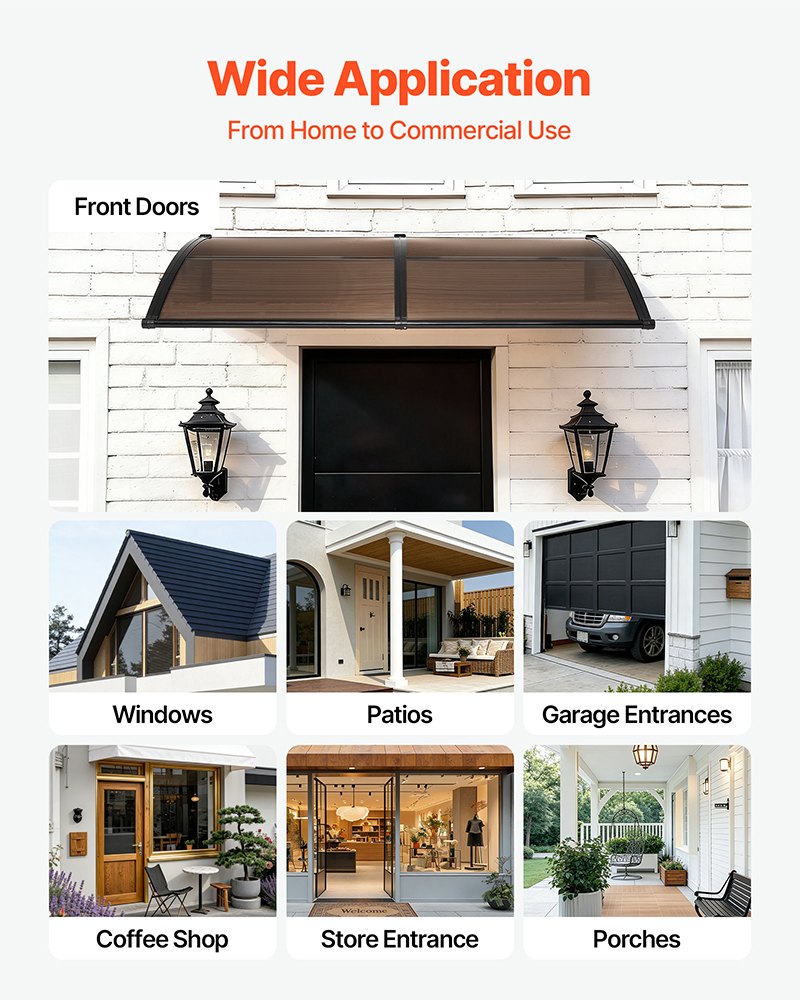 VEVOR Awnings for Door Entrance, 38 x 78 in, Exterior Front Door Window Awnings with Drainage & Metal Bracket, Rain Snow Sun Protection, Overhang Polycarbonate Door Canopy for Porch Patio, Brown