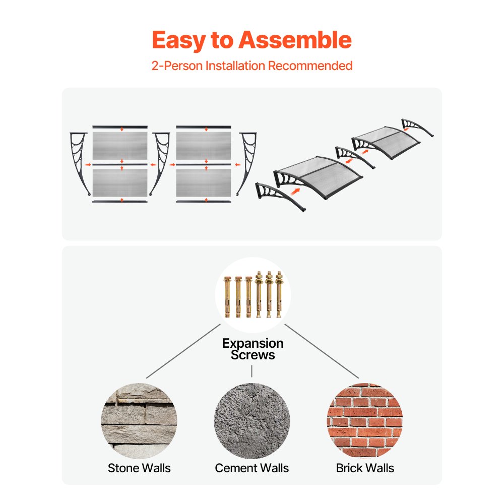 VEVOR Tettoia per Ingresso Porta 96,5 x 198,7 cm Pensilina Trasparente per Portici Finestre Balcone Terrazza Giardino, Tettoia Protezione da Pioggia Neve Sole Supporto in ABS con Canale di Drenaggio