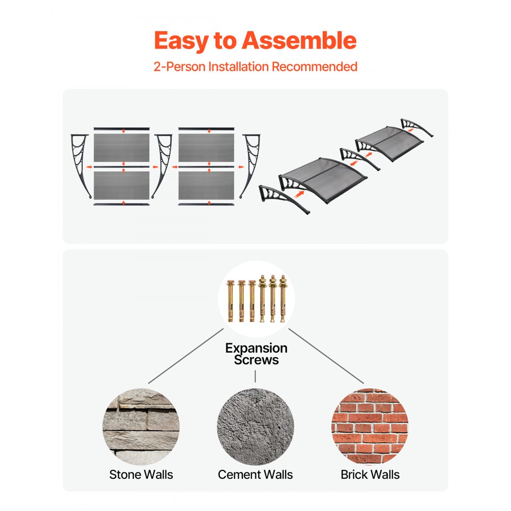 VEVOR Tettoia Parasole per Ingresso di Porte Cortile Finestre Giardino da Esterno, Pensilina con Canale di Drenaggio Dimensioni Generali 965x1987x275 mm, Tettoia da Sole Staffa in ABS Parasole