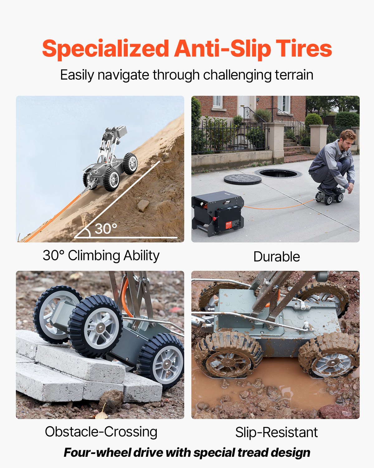 VEVOR Sewer Pipe Inspection Robot, 394FT/120m Pipeline Detection Crawling Robot with 2MP Front/Rear Camera & Touchscreen Tablet, IP68 Plumbing Camera with Lights & Distance Counter for Industrial Pipe