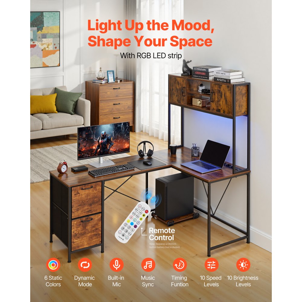 VEVOR Scrivania da Gioco a Forma di L con Luci LED Scrivania Angolare Reversibile Lunghezza 1580 mm con Prese di Corrente Supporto CPU Cassetti Portaoggetti Tavolo Gaming per PC Ufficio Domestico