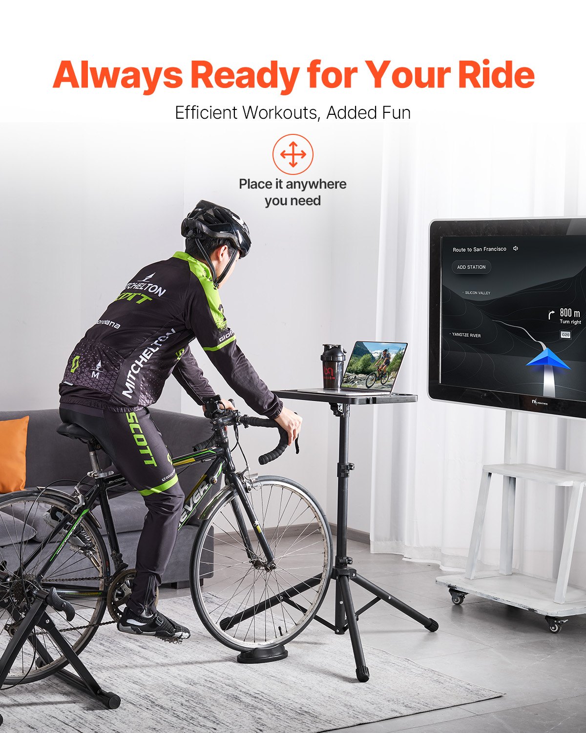 VEVOR Scrivania da Ciclismo Senza Ruote, Scrivania da Bici Pieghevole Stazione Regolabile con Supporto Triangolare Stabile, Scrivania da Fitness Multi-Slot Antiscivolo con Manubrio da Casa Ufficio