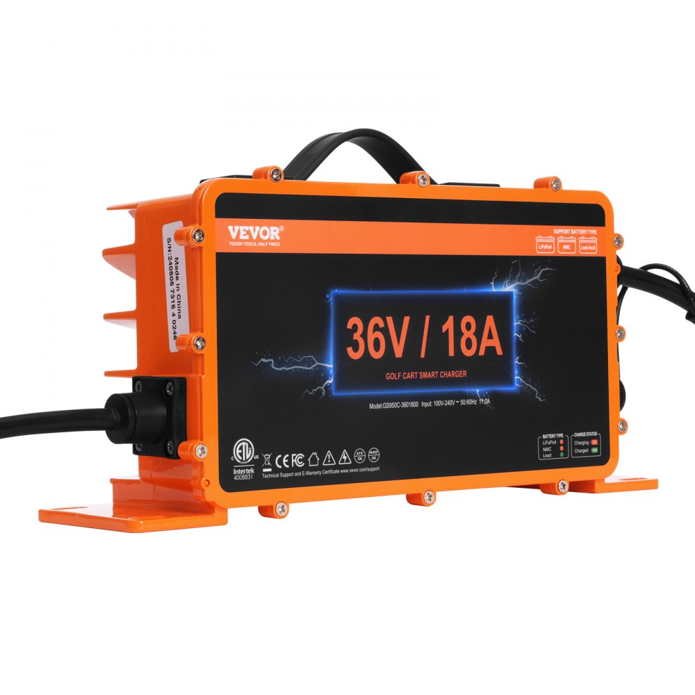 VEVOR Caricabatteria per Carrello da Golf da 36 Volt 18 AMP, Caricabatteria Auto Smart Club Spina Crowfoot, Compatibile Batterie Piombo AGM/GEL/EFB MF NMC LiFePO4 Club Car EZGO Yamaha, Norma IP67 ETL