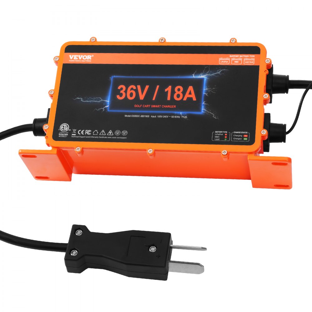 VEVOR Caricabatteria per Carrello da Golf da 36 Volt 18 AMP, Caricabatteria Auto Smart Club Spina Crowfoot, Compatibile Batterie Piombo AGM/GEL/EFB MF NMC LiFePO4 Club Car EZGO Yamaha, Norma IP67 ETL
