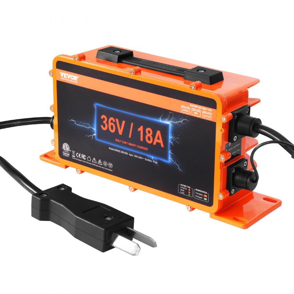 VEVOR 36-Volt Golf Car Battery Charger, 18 Amps, Smart Club Car Charger with Crowfoot Connector, Compatible with Lead-Acid AGM/GEL/EFB MF NMC LiFePO4 Batteries for Club Car EZGO Yamaha