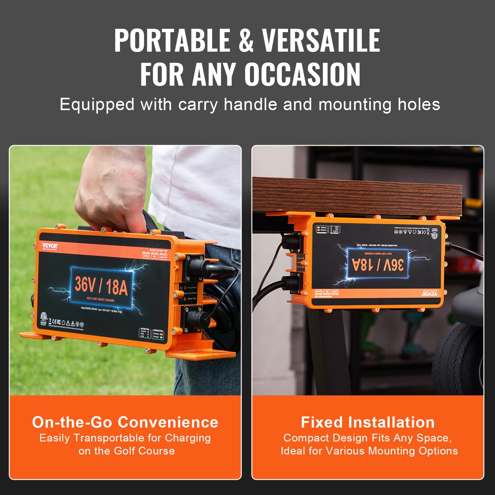 VEVOR 36-Volt Golf Car Battery Charger, 18 Amps, Smart Club Car Charger with Crowfoot Connector, Compatible with Lead-Acid AGM/GEL/EFB MF NMC LiFePO4 Batteries for Club Car EZGO Yamaha