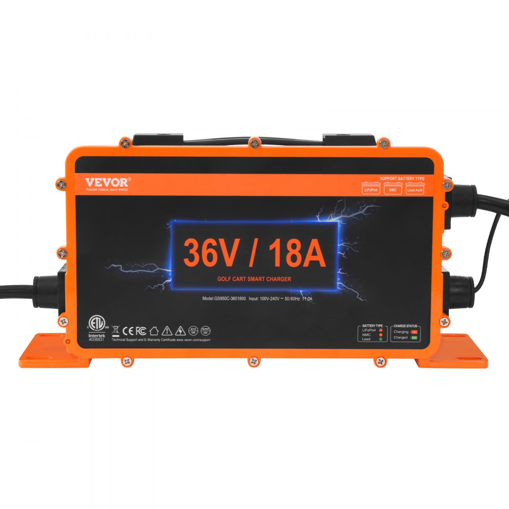 VEVOR Caricabatteria per Carrello da Golf da 36 Volt 18 AMP, Caricabatteria Spina Stile D, Compatibile Batterie al Piombo AGM/GEL/EFB MF NMC LiFePO4 per EZGO TXT, Norma ETL Impermeabile IP67