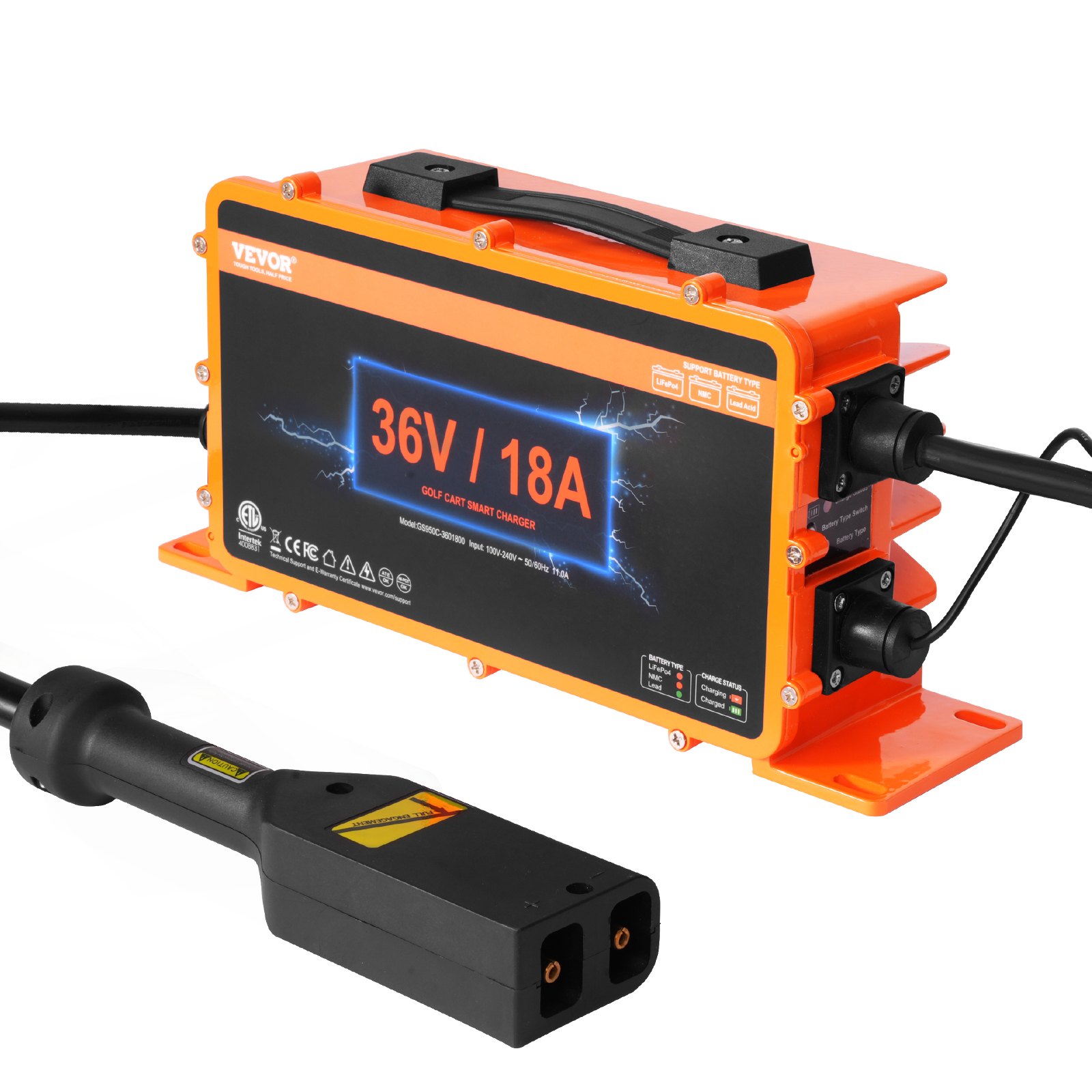 VEVOR Caricabatteria per Carrello da Golf da 36 Volt 18 AMP, Caricabatteria Spina Stile D, Compatibile Batterie al Piombo AGM/GEL/EFB MF NMC LiFePO4 per EZGO TXT, Norma ETL Impermeabile IP67
