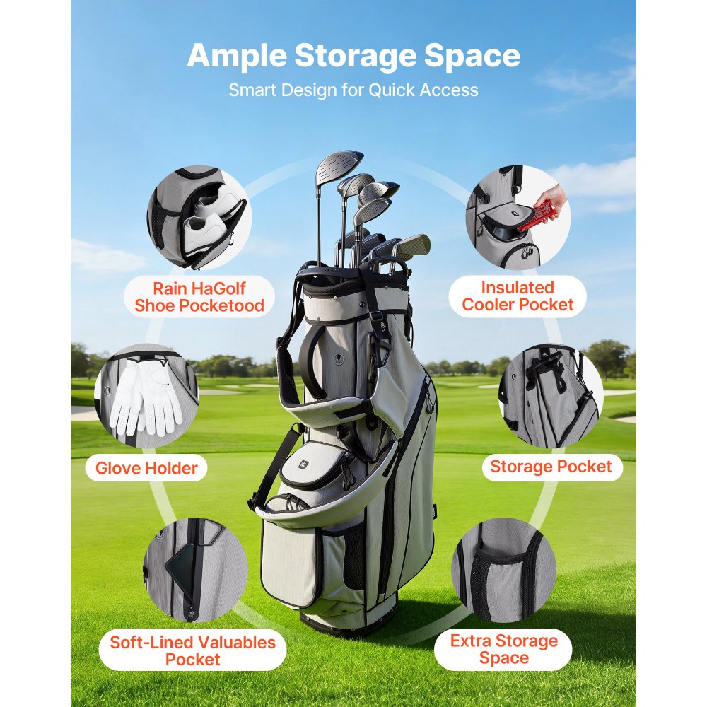 VEVOR Borsa da Golf Portaoggetti Mazze, Borsa da Golf con Supporto da Pavimento Tracolla Doppia Copertura Antipioggia, Materiale in Poliestere Rivestimento Interno in PU 210D 420 x 260 x 930 mm