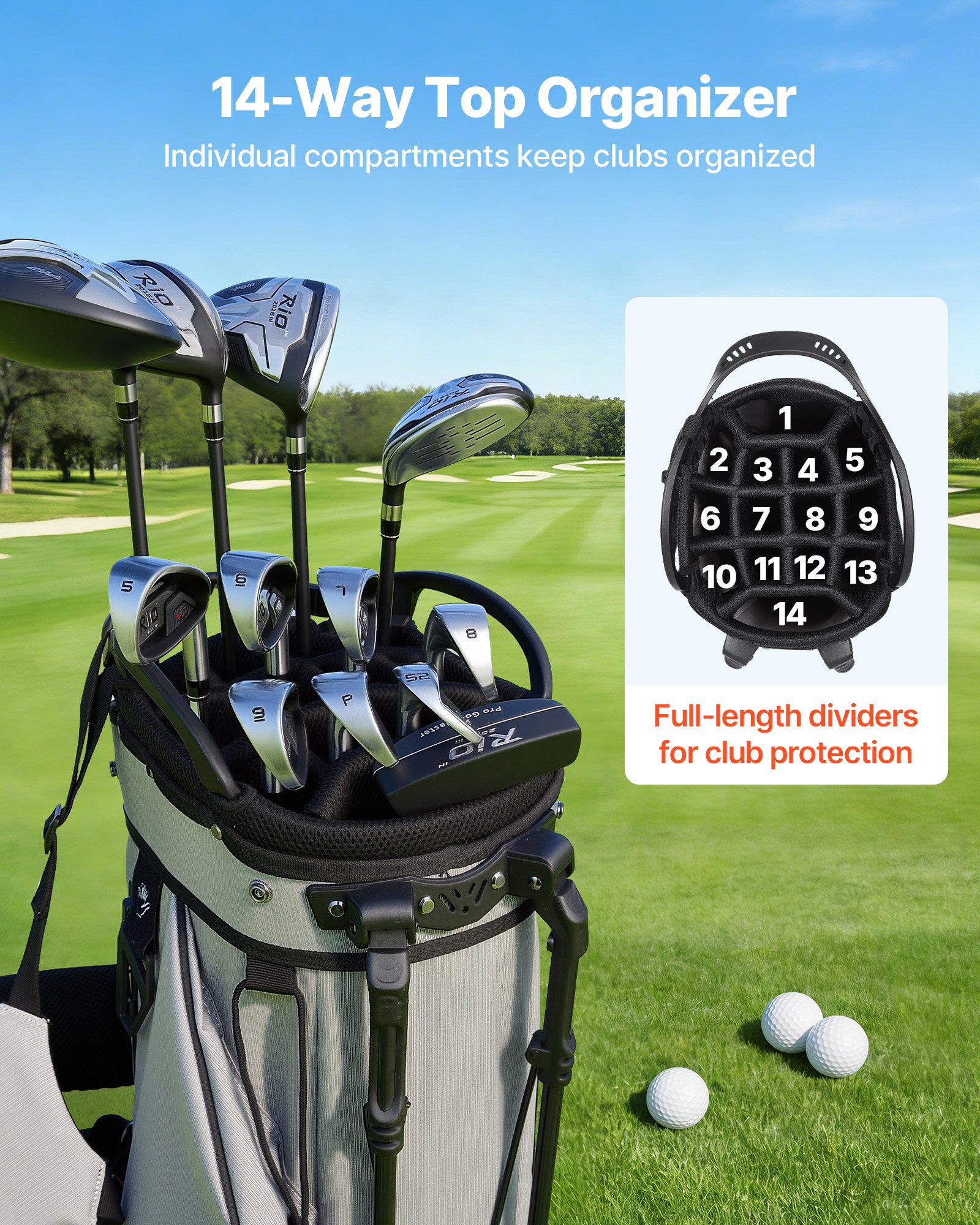 VEVOR Borsa da Golf Portaoggetti Mazze, Borsa da Golf con Supporto da Pavimento Tracolla Doppia Copertura Antipioggia, Materiale in Poliestere Rivestimento Interno in PU 210D 420 x 260 x 930 mm