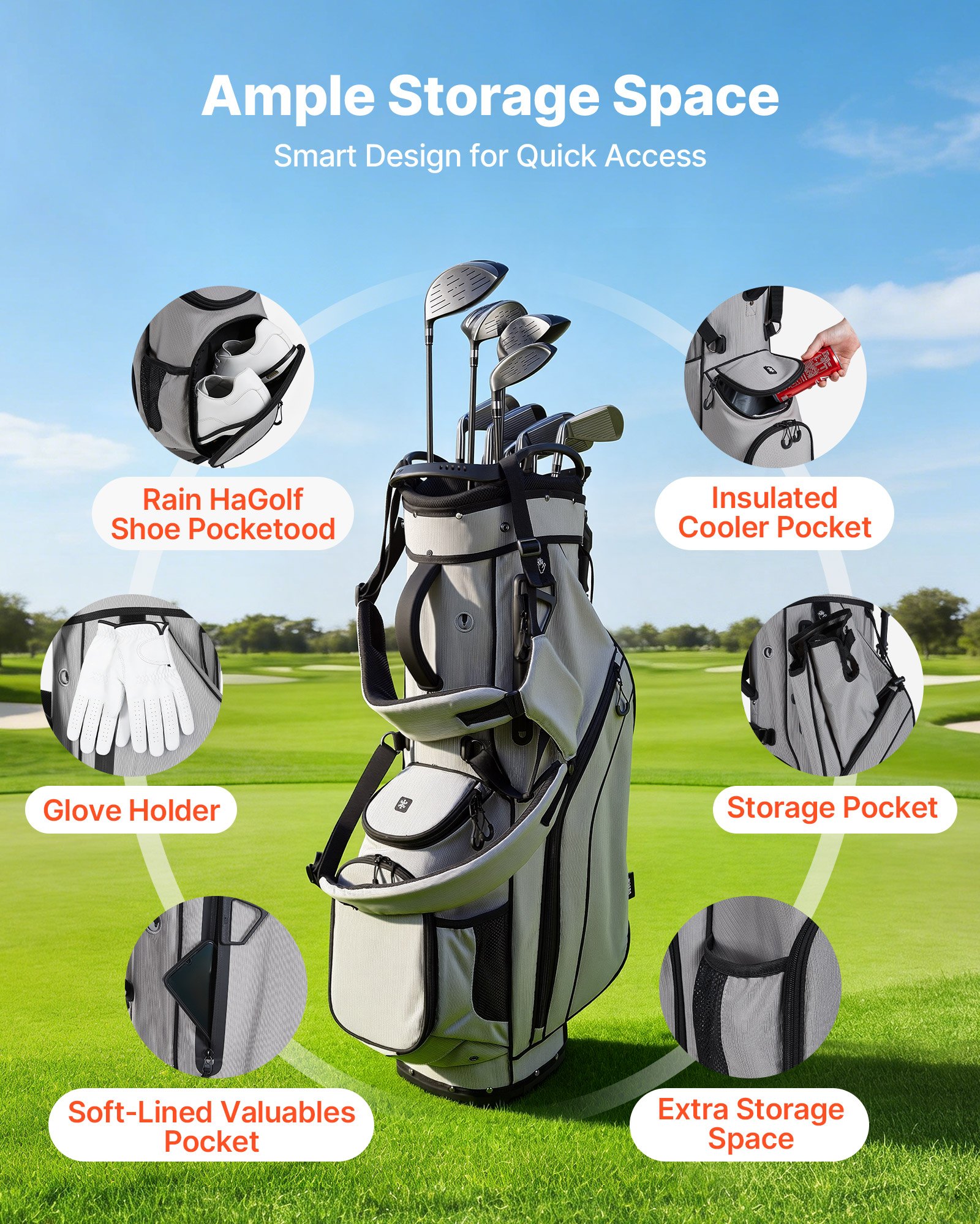 VEVOR Borsa da Golf Portaoggetti Mazze, Borsa da Golf con Supporto da Pavimento Tracolla Doppia Copertura Antipioggia, Materiale in Poliestere Rivestimento Interno in PU 210D 420 x 260 x 930 mm