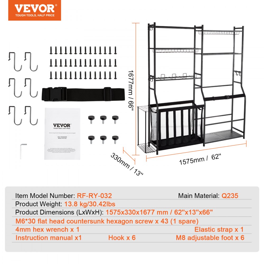 VEVOR Golf Bag Storage Suitable for 2 Golf Bags, Garage Organizer with 2 Wire Baskets, 2 Dividers, Black Golf Bag Stand for Golf Clubs, Golf Balls, Golf Equipment Accessories etc.