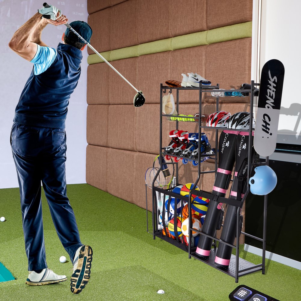 VEVOR Golf Bag Storage Suitable for 2 Golf Bags, Garage Organizer with 2 Wire Baskets, 2 Dividers, Black Golf Bag Stand for Golf Clubs, Golf Balls, Golf Equipment Accessories etc.