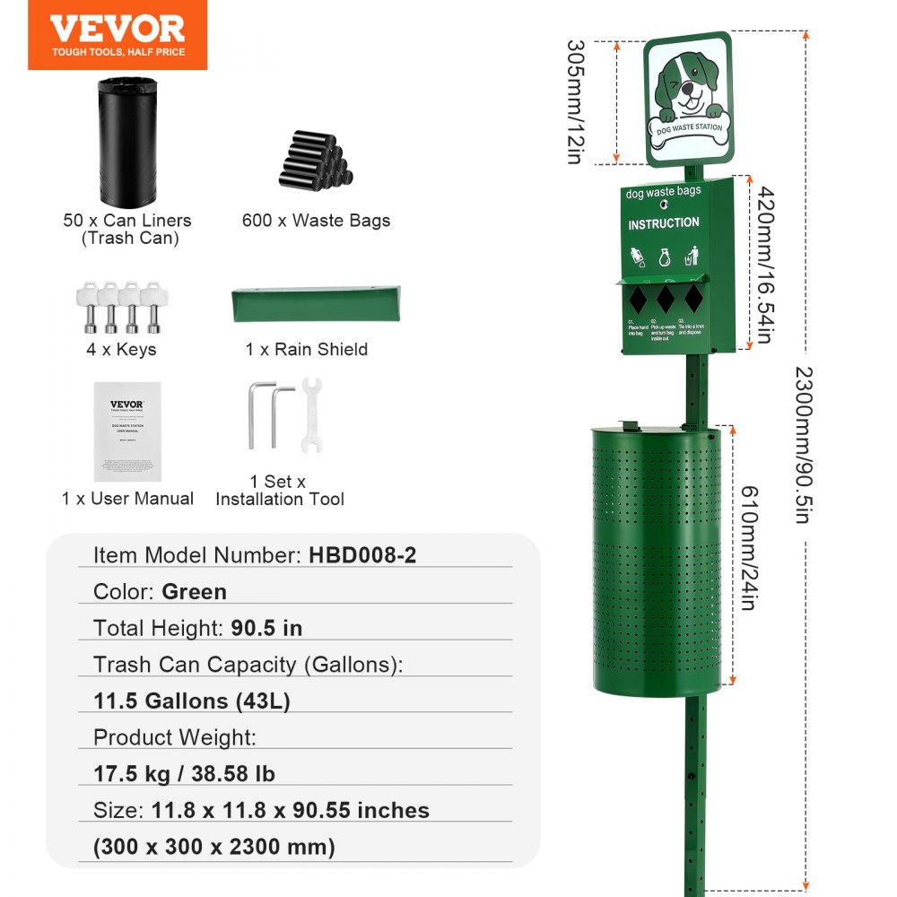 VEVOR Dog Waste Station, Dog Waste Bin, 43L Pet Waste Bin with 50 Waste Bags, Bag Dispenser and 600 Waste Bags, Outdoor Dog Waste Disposal System for the Backyard
